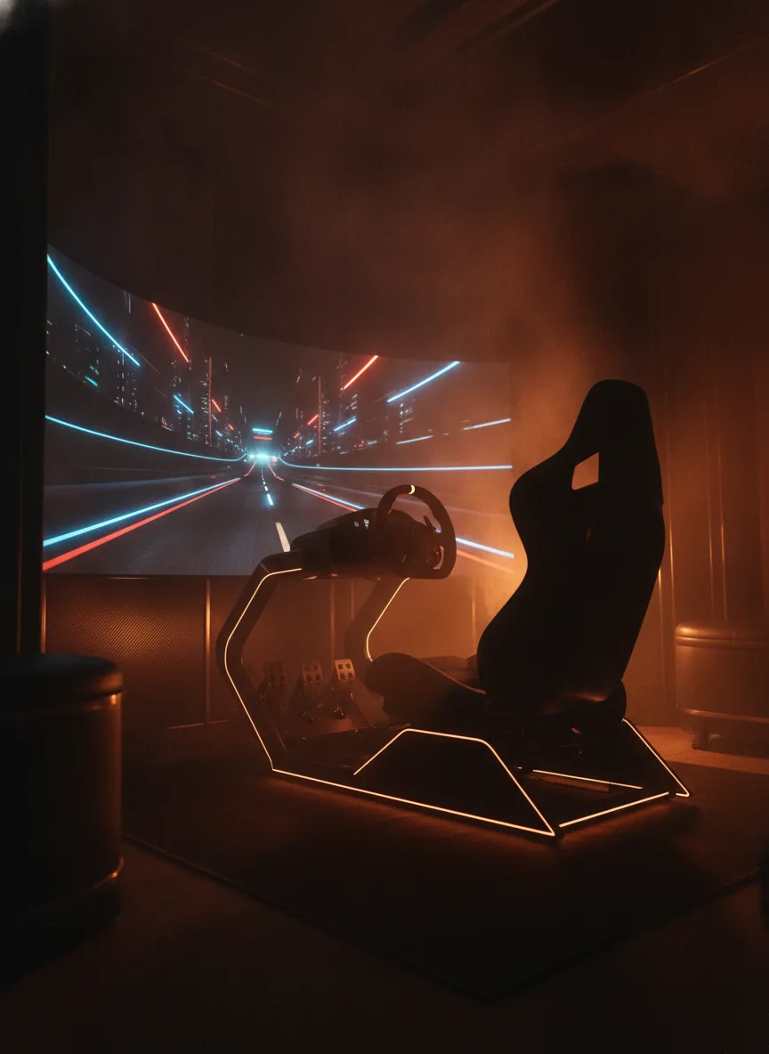Ambient cinematic shot of the simulator at night